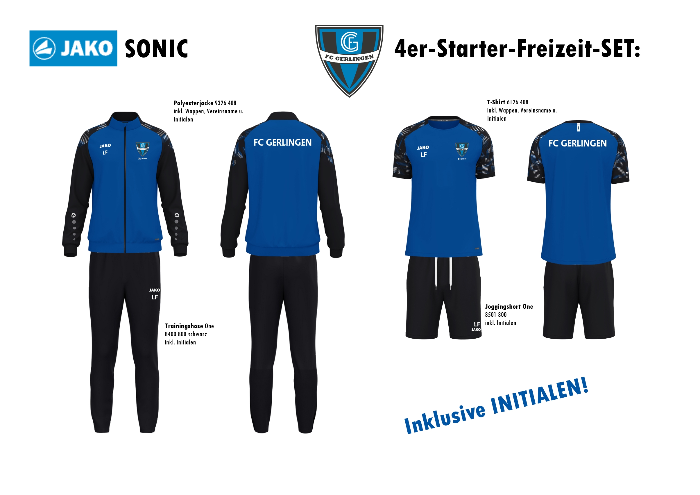 JAKO FREIZEIT-SET-4teilig Kinder inkl. Wappen Vereinsname und Initialen